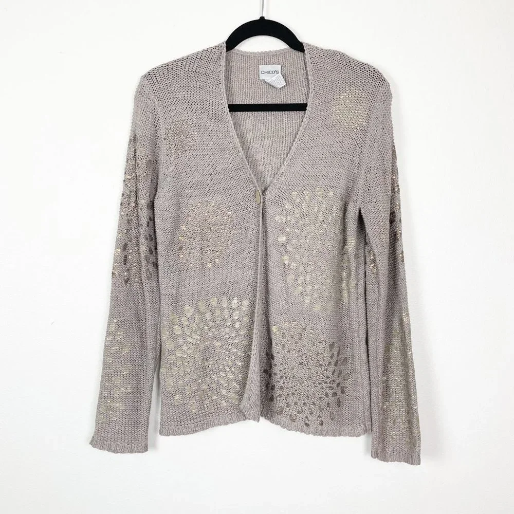 Chico's Sz 2/ US Sz L Bronze Single Button Front Open Knit Cardigan‎ Sweater